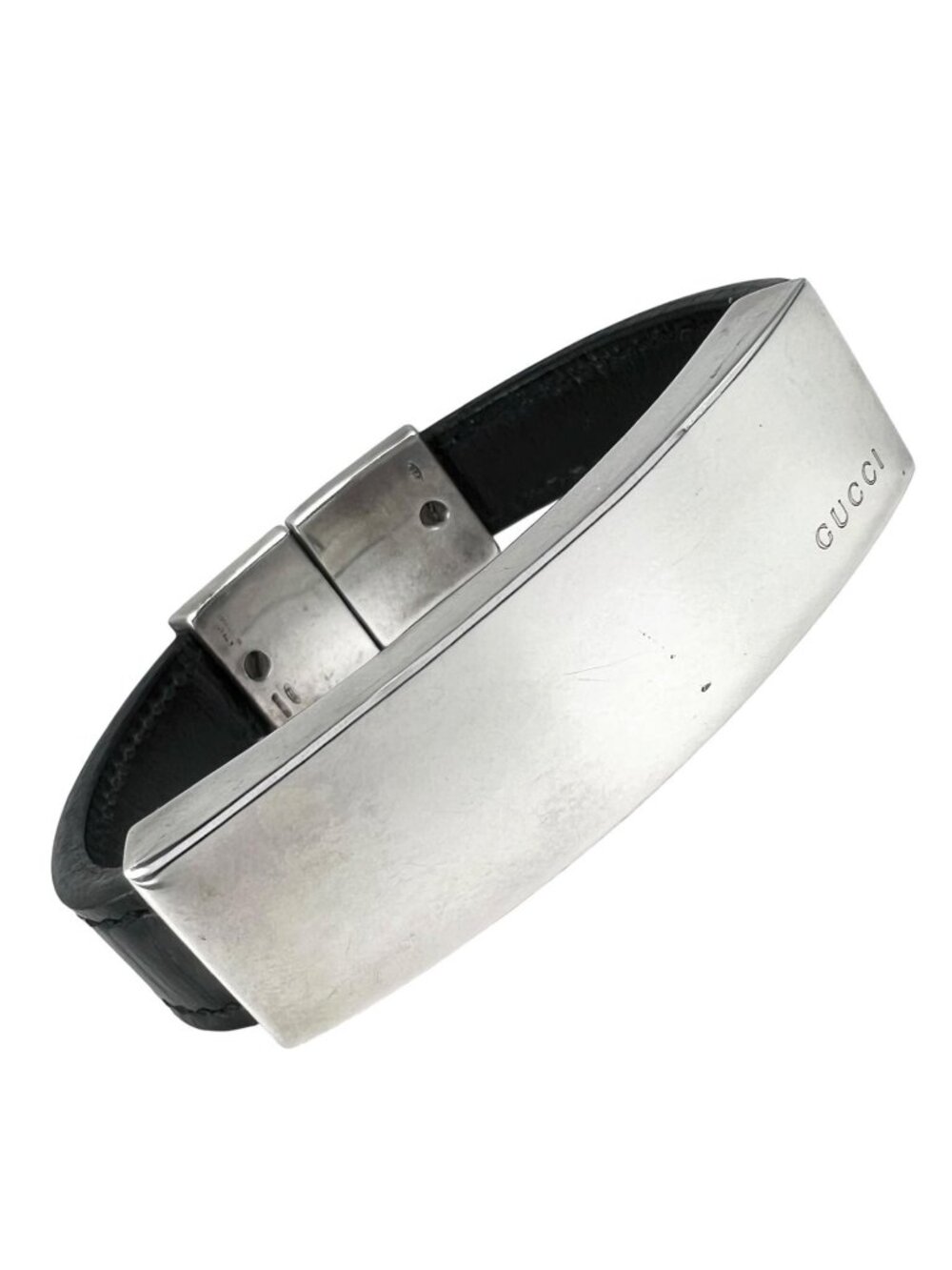 Gucci Logo Leather Silver Black Bangle Bracelet